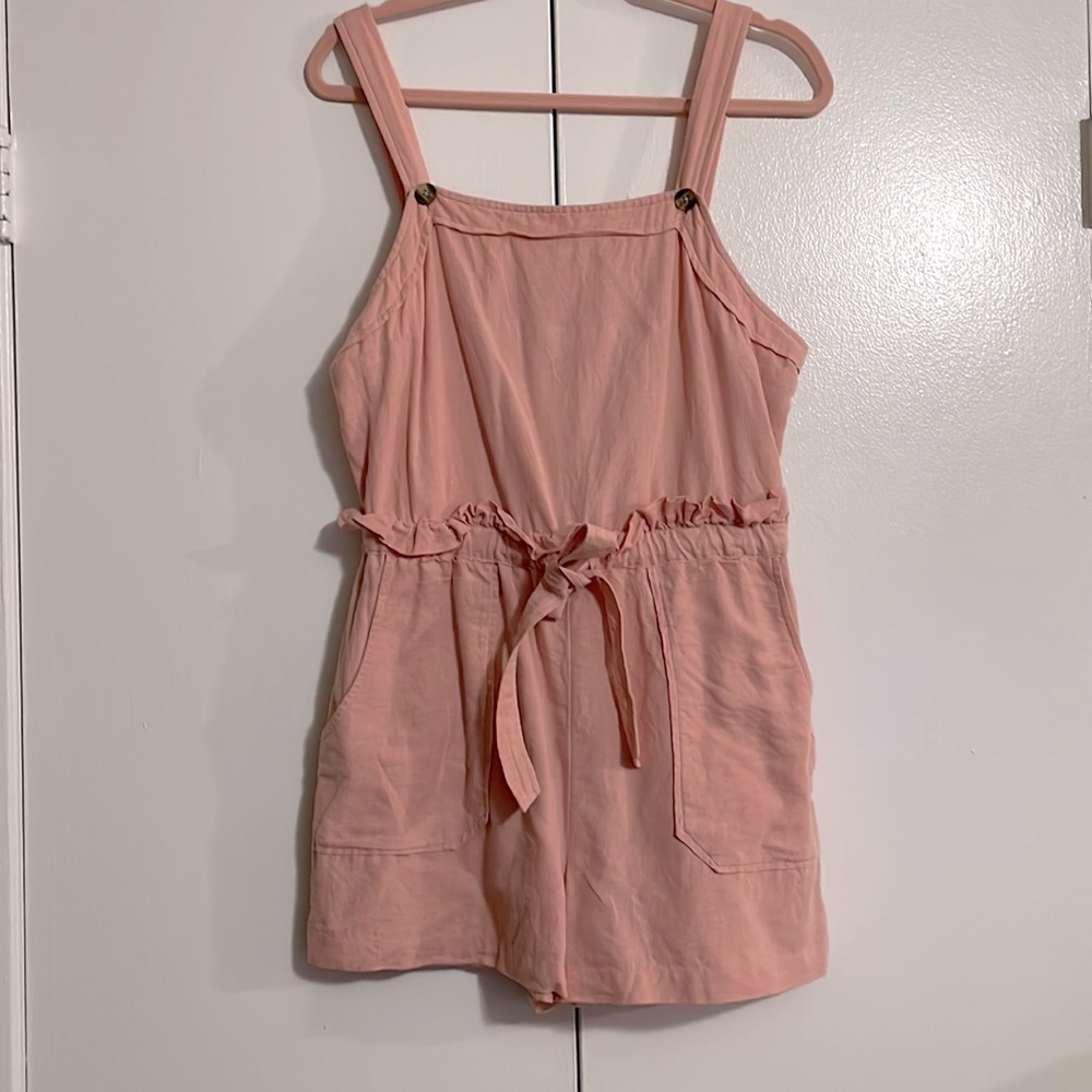 Large Cotton Linen Pastel Pink Romper with Pockets
